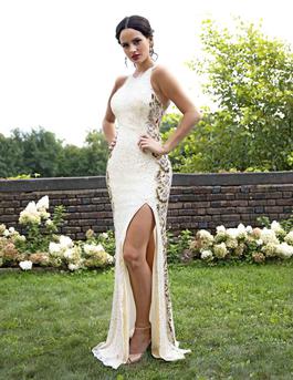 Style 3217 Primavera Nude Size 4 Cut Out Halter Side slit Dress on Queenly