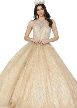 Mori Lee Gold Size 4 Quinceanera Sequin Halter Ball gown on Queenly