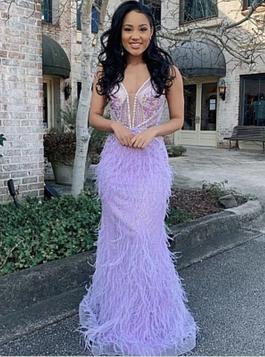 Jovani Purple Size 10 Feather Mermaid Dress on Queenly