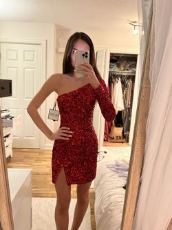 Sherri Hill Red Size 0 Long Sleeve Nightclub Party Fully-beaded Cocktail Dress on Queenly