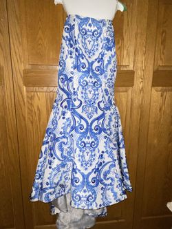 Sherri Hill Blue Size 4 Floor Length Pageant Train Strapless Military Mermaid Dress on Queenly
