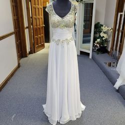 Style 14633 Panoply White Size 6 Sleeves Cap Sleeve Tall Height A-line Dress on Queenly