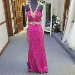 Style P46632 Precious Formals Pink Size 4 Prom Pattern Sequined Floor Length A-line Dress on Queenly
