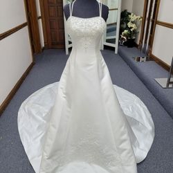 Style 2111 Allure Bridals White Size 4 Spaghetti Strap Jewelled $300 Floor Length Train Dress on Queenly