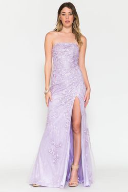 Style 7014 Amelia Couture Purple Size 2 Floral Straight Lavender Side slit Dress on Queenly