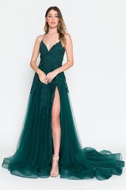 Style BZ014 Amelia Couture Green Size 14 Spaghetti Strap Tulle Lace Side slit Dress on Queenly
