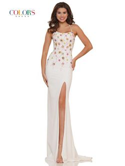 Style 2671 Colors White Size 2 Floral Straight Side slit Dress on Queenly