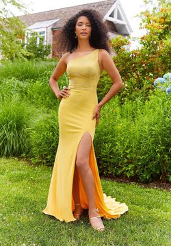 Style 47037 Morilee Yellow Size 8 Jersey One Shoulder Side slit Dress on Queenly