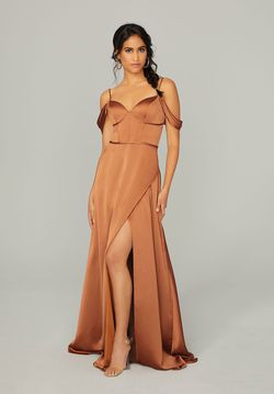 Style 21751 Morilee Gold Size 12 Silk Side slit Dress on Queenly