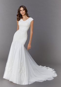 Style 30104 Morilee White Size 2 Train Lace Cap Sleeve Mermaid Dress on Queenly