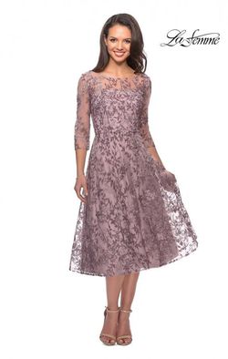 Style 27971 La Femme Purple Size 12 Plus Size Sheer Cocktail Dress on Queenly