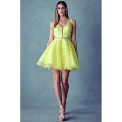 Style 853 Juliet Yellow Size 8 Lace Silver Cocktail Dress on Queenly
