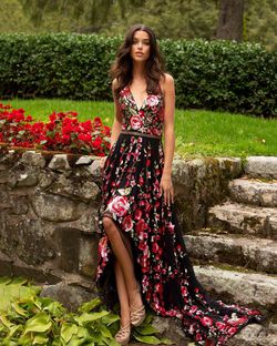 Style 3639 Primavera Black Size 8 Floral Pageant Straight Dress on Queenly