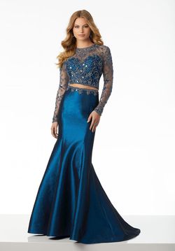 Style 42071 Morilee Blue Size 12 Corset Military Long Sleeve Mermaid Dress on Queenly