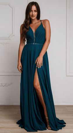 Style SU026 Amelia Couture Green Size 4 Emerald Spaghetti Strap Side slit Dress on Queenly