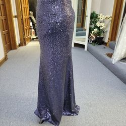 Style L38023 Precious Formals Navy Blue Size 4 Floor Length Sheer Backless Straight Dress on Queenly