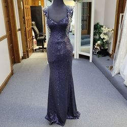 Style L38023 Precious Formals Blue Size 4 Floor Length Backless Military Straight Dress on Queenly