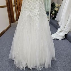 Style 20160 Precious Formals White Size 8 Beaded Top Sequined Floor Length Strapless Ball gown on Queenly