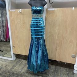 Style 6170 Rachel Allan Blue Size 0 Train Prom Jewelled Mermaid Dress on Queenly
