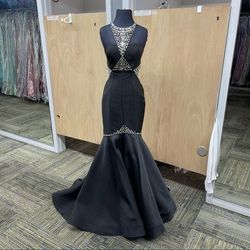 Style X4375 Rachel Allan Black Size 4 Tall Height Prom High Neck Mermaid Dress on Queenly