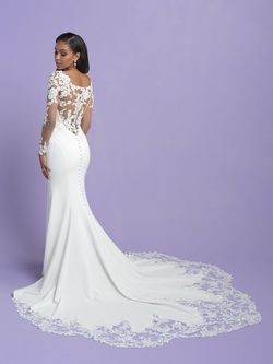 Style 3409 Allure White Size 10 Ivory Long Sleeve Train Jersey Mermaid Dress on Queenly