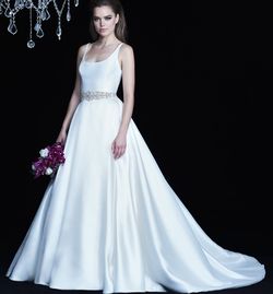 Style 4764 Paloma Blanca White Size 14 Tall Height Satin Pageant Flare Ball gown on Queenly