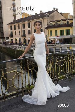 Style 93600 Tarik Ediz White Size 8 Sheer Ivory Train Mermaid Dress on Queenly