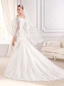 Style EKATERINA La Sposa White Size 8 Pageant Sheer Long Sleeve Flare Mermaid Dress on Queenly