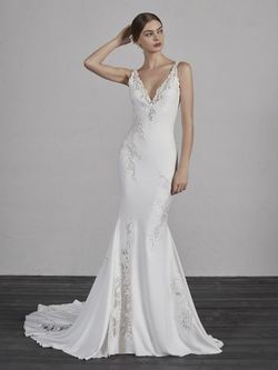 Style ENYA Pronovias White Size 10 Shiny Tall Height Jewelled Sequined Lace Mermaid Dress on Queenly
