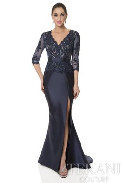 Style 1613M0718 Terani Blue Size 12 Belt Navy Side slit Dress on Queenly