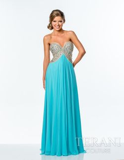 Style 151P0026 Terani Blue Size 2 Strapless Prom Straight Dress on Queenly
