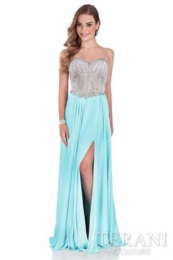 Style 1611P0207 Terani Blue Size 12 Pageant Black Tie Sequined Beaded Top A-line Dress on Queenly