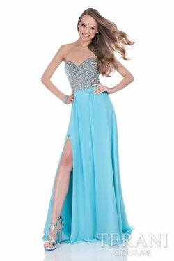 Style 1612P0555 Terani Blue Size 14 $300 Turquoise Floor Length A-line Dress on Queenly