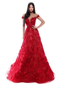 Style 50500 Tarik Ediz Red Size 2 Lace A-line Dress on Queenly