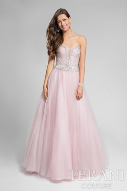 Style TER7482P1171 Terani Pink Size 14 Tall Height Beaded Top Prom A-line Dress on Queenly
