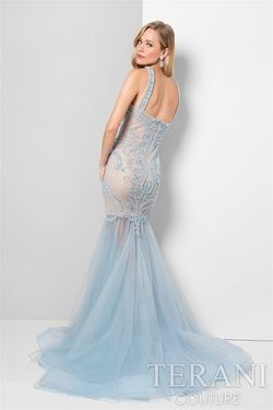 Style 1712P2647 Terani Light Blue Size 4 Embroidery Mermaid Dress on Queenly