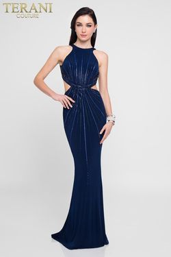 Style 8539 Terani Blue Size 4 Military Tall Height Navy Mermaid Dress on Queenly