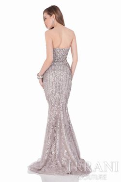 Style 1623GL2031 Terani Silver Size 12 Floor Length Mermaid Dress on Queenly