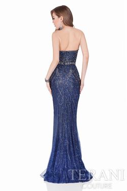 Style 1621GL1901 Terani Navy Blue Size 12 Floor Length Navy Flare Mermaid Dress on Queenly