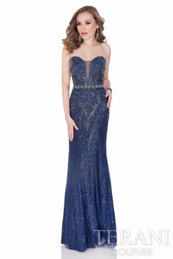 Style 1621GL1901 Terani Navy Blue Size 12 Floor Length Navy Flare Mermaid Dress on Queenly