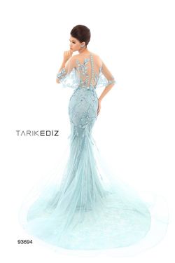 Style 93694 Tarik Ediz Blue  Size 8 Lace Floor Length Mermaid Dress on Queenly