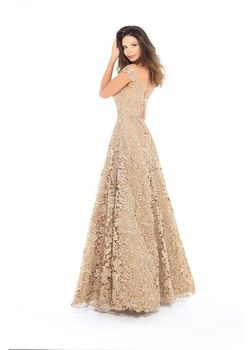 Style 93739 Tarik Ediz Gold Size 6 Tall Height Floral Pageant Plunge A-line Dress on Queenly