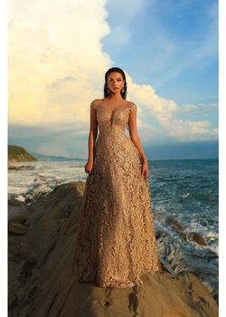 Style 93739 Tarik Ediz Gold Size 6 Floor Length Floral Lace Tall Height A-line Dress on Queenly
