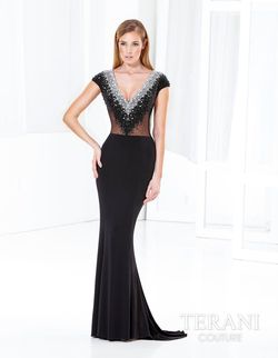 Style E3758 Terani Black Size 6 V Neck Plunge Floor Length Sheer Mermaid Dress on Queenly