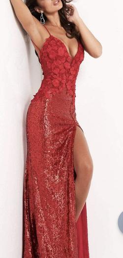 Jovani Red Size 2 Sheer Jewelled Train Floral Side slit Dress on Queenly
