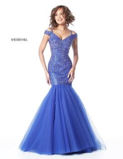 Style 51446 Sherri Hill Blue Size 6 Jersey Tulle Mermaid Dress on Queenly