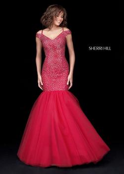 Style 51446 Sherri Hill Red Size 10 Jersey Tulle Mermaid Dress on Queenly