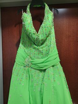 Style 20240 Precious Formals Green Size 14 Halter Mini A-line Dress on Queenly