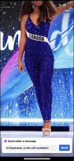 Ashley Lauren Blue Size 2 Fringe Spaghetti Strap Cape Jumpsuit Dress on Queenly