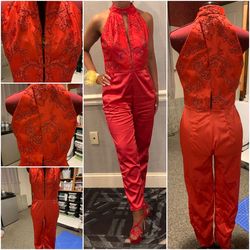 Custom made Red Size 6 $300 Lace Silk Black Tie Jumpsuit Dress on Queenly